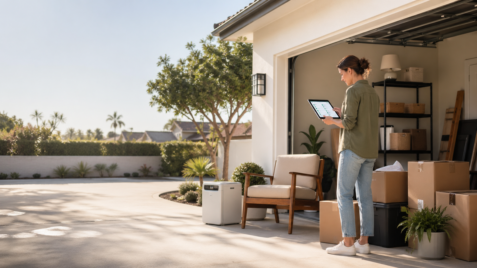 Homeowner beside neatly staged garage cleanout items