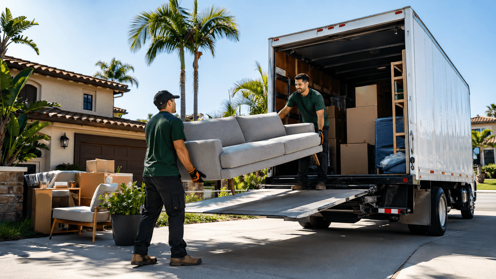 Crew loading staged items into a clean hauling truck